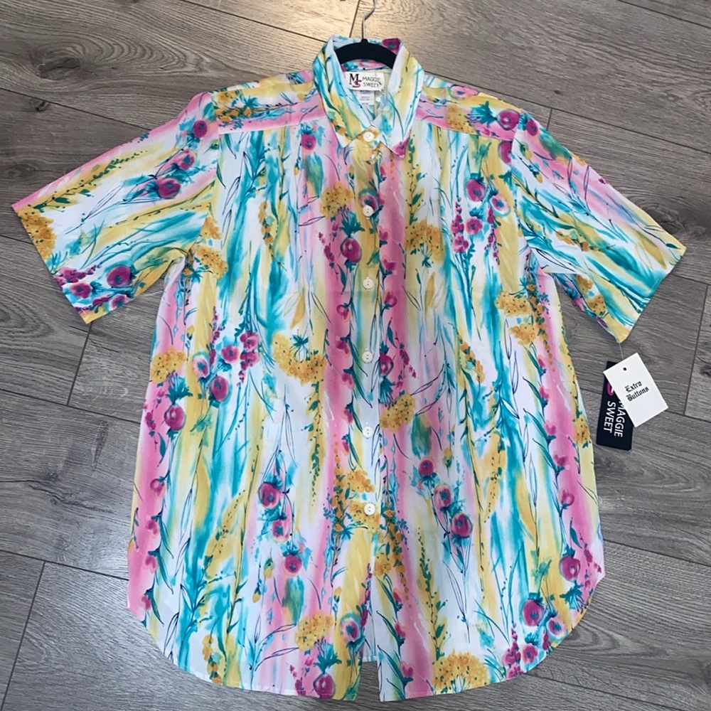 Maggie Sweet Watercolor floral Short Sleeve Blouse size M NWT Grannie-core NOS - Picture 2 of 9